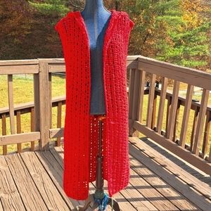 Hand Crafted Long Cardigan Hooded Vest Crochet Red Sleeveless Boho Festival